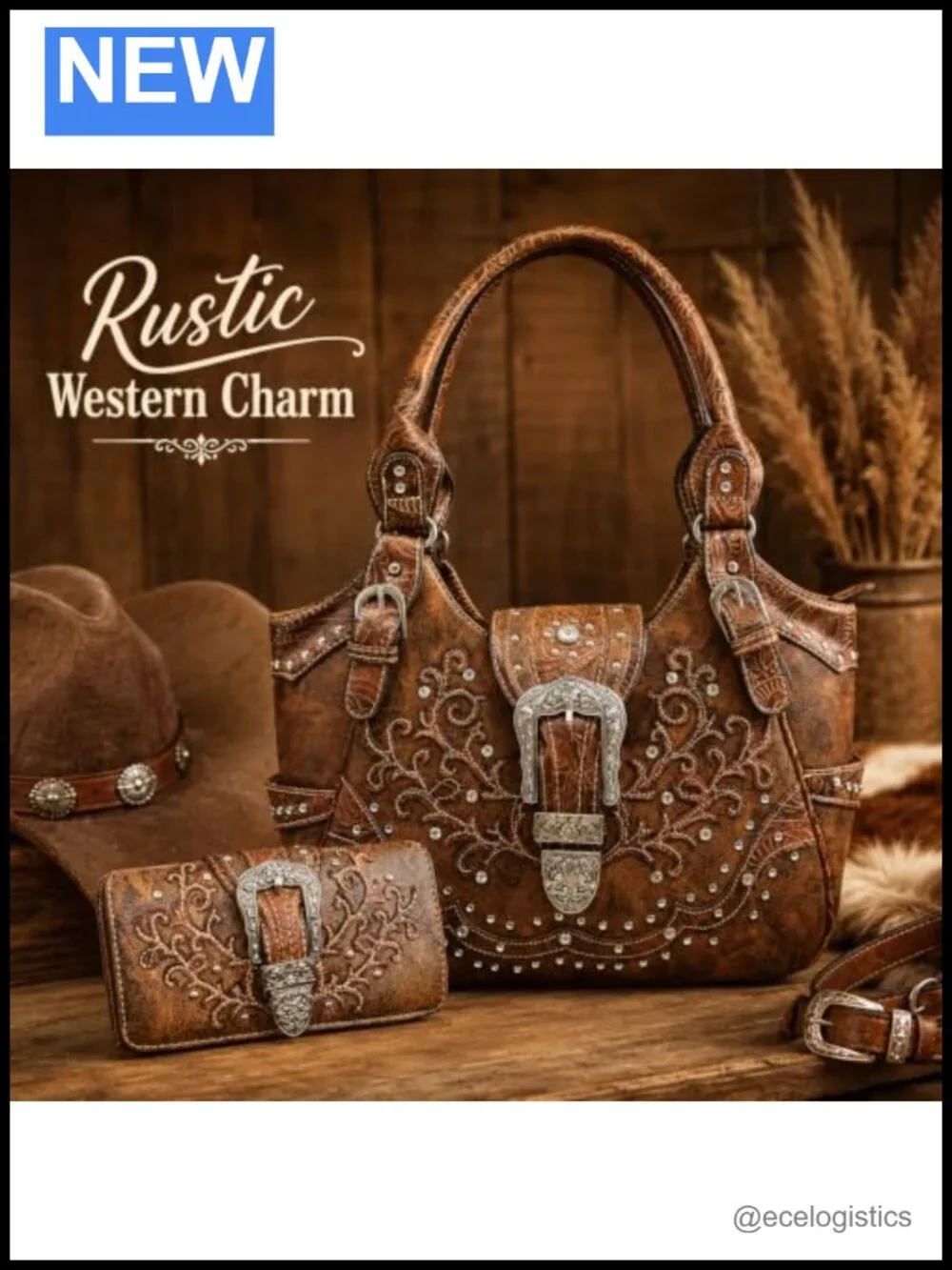 Western Cowgirl Handbag & Wallet Set with Faux Leather, Rhinestones